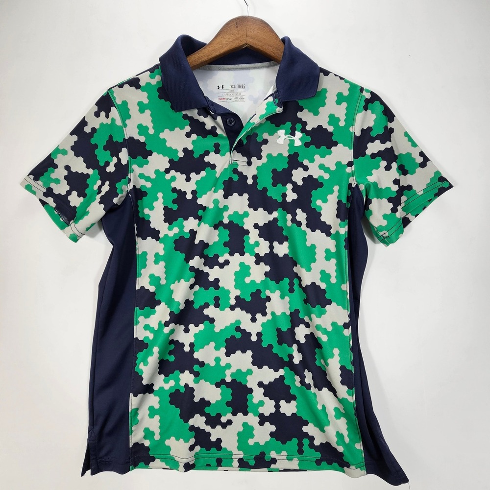 Under Armour Polo Boys Youth XL Green Digital Camo HeatGear Streetwear Shirt